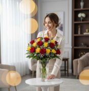 Mujer sonriente admirando el Arreglo Floral LORENZA con 24 rosas rojas y amarillas en un jarrón de cristal, sobre una mesa de