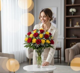 Mujer sonriente admirando el Arreglo Floral LORENZA con 24 rosas rojas y amarillas en un jarrón de cristal, sobre una mesa de