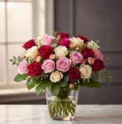 Arreglo floral LUCREZIA con 30 rosas en tonos románticos (rojas, rosas y blancas) en un jarrón de cristal, sobre una mesa de