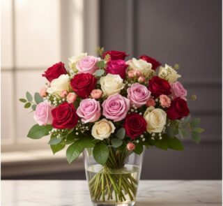 Arreglo floral LUCREZIA con 30 rosas en tonos románticos (rojas, rosas y blancas) en un jarrón de cristal, sobre una mesa de