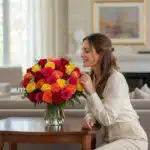 Mujer joven y elegante admirando y oliendo un Arreglo Floral MARIELLA con 36 rosas frescas multicolor (rojas, amarillas, nara