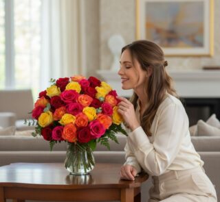 Mujer joven y elegante admirando y oliendo un Arreglo Floral MARIELLA con 36 rosas frescas multicolor (rojas, amarillas, nara