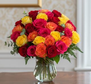 Arreglo floral MARIELLA con 36 rosas frescas en tonos rojo, amarillo, fucsia y naranja, presentado en un elegante jarrón de c