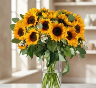 Arreglo floral MARTINA con 21 girasoles vibrantes y hojas de eucalipto en un jarrón de cristal, sobre una mesa de mármol con