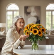 Mujer elegante de cabello plateado admira con deleite un arreglo floral de 21 girasoles en un jarrón de cristal, en un lujoso