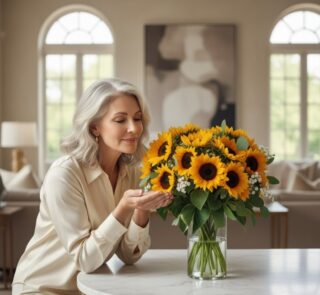 Mujer elegante de cabello plateado admira con deleite un arreglo floral de 21 girasoles en un jarrón de cristal, en un lujoso