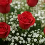 Primer plano extremo de rosas rojas frescas con gotas de rocío sutiles y flores de gypsophila, destacando la textura hiperrea