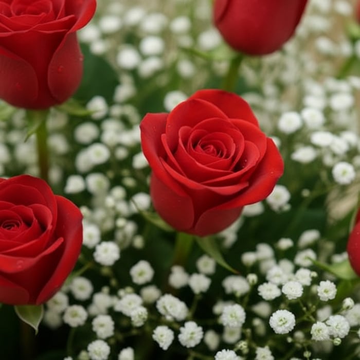 Primer plano extremo de rosas rojas frescas con gotas de rocío sutiles y flores de gypsophila, destacando la textura hiperrea