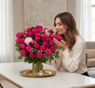 Mujer joven y elegante oliendo un arreglo floral NARCISA de 36 rosas fucsia vibrantes con toques de paniculata y ranúnculo, s