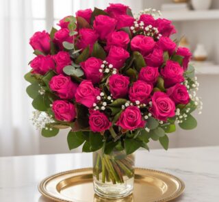 Arreglo floral NARCISA con 36 rosas fucsia vibrantes, hojas verdes y pequeñas flores blancas en un jarrón de cristal sobre un