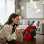 Mujer elegante admirando el Arreglo Floral NATALE con rosas rojas, eucalipto y una botella de vino en una caja negra con moño