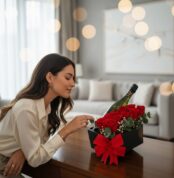 Mujer elegante admirando el Arreglo Floral NATALE con rosas rojas, eucalipto y una botella de vino en una caja negra con moño