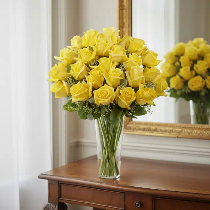 Arreglo Floral PANDORA: 36 Rosas Amarillas de Lujo y Frescura Arreglo floral PANDORA con 36 rosas amarillas frescas en un jarrón de cristal, sobre una mesa de madera elegante con un espej