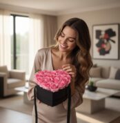 Mujer sonriente admirando Arreglo Floral Perla con rosas rosadas en caja corazón negra, en un lujoso interior de hogar.