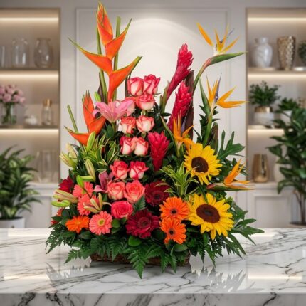 Arreglo floral PIA exótico con rosas, girasoles, aves del paraíso y lirios en tonos vibrantes sobre mármol.
