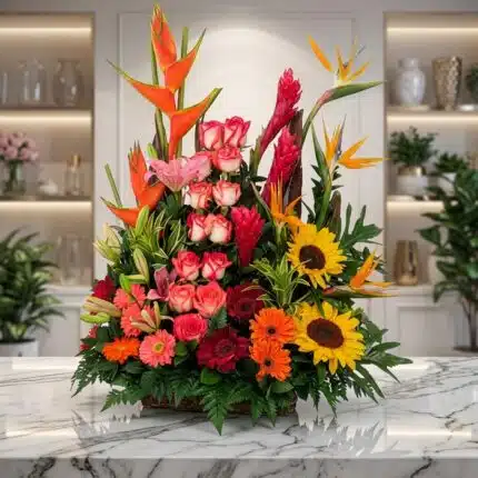 Arreglo floral PIA exótico con rosas, girasoles, aves del paraíso y lirios en tonos vibrantes sobre mármol.