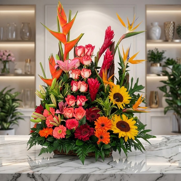 Arreglo floral PIA exótico con rosas, girasoles, aves del paraíso y lirios en tonos vibrantes sobre mármol.