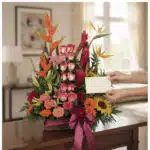 Arreglo floral PIA con rosas, lirios, heliconias y aves del paraíso, sobre una mesa de madera, con manos colocando una tarjet