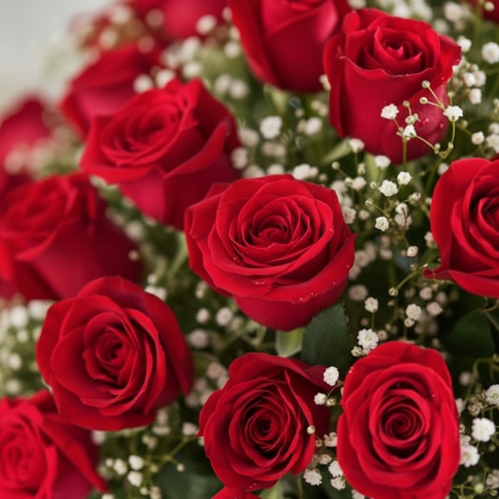 Primer plano extremo de un arreglo floral 'Quiero Amarte' con rosas rojas vibrantes, gotas de rocío sutiles y follaje blanco,