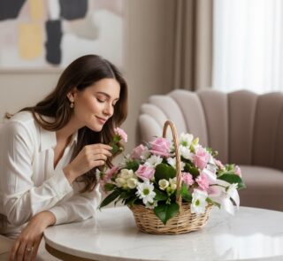 Mujer joven admirando y oliendo delicadamente una flor de un arreglo floral RACHELE en una cesta de mimbre con rosas rosadas,