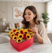 Mujer joven sonriente admirando un arreglo floral en forma de corazón con girasoles y rosas rojas, sobre una mesa de mármol e