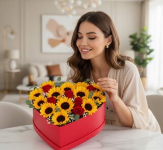 Mujer joven sonriente admirando un arreglo floral en forma de corazón con girasoles y rosas rojas, sobre una mesa de mármol e