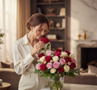Mujer elegante admirando y oliendo un Arreglo Floral LUCREZIA con 30 rosas rojas, rosadas y blancas en un jarrón de cristal,