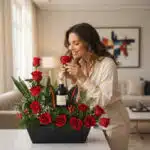 Mujer elegante oliendo una rosa roja de un arreglo floral CINZIA con 12 rosas rojas y una botella de vino, en un hogar de luj