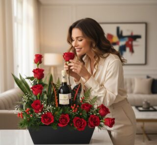Mujer elegante oliendo una rosa roja de un arreglo floral CINZIA con 12 rosas rojas y una botella de vino, en un hogar de luj