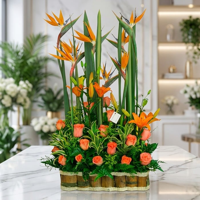 Arreglo Floral Suspiro: Exótico y Vibrante para Ocasiones Especiales Arreglo floral exótico Suspiro con aves del paraíso, lirios naranjas y rosas melocotón, sobre mármol en floristería premium.