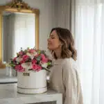 Mujer joven y elegante oliendo con deleite un arreglo floral en caja blanca con rosas rosadas y orquídeas blancas, en un inte