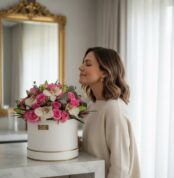 Mujer joven y elegante oliendo con deleite un arreglo floral en caja blanca con rosas rosadas y orquídeas blancas, en un inte