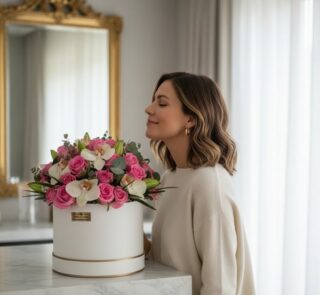 Mujer joven y elegante oliendo con deleite un arreglo floral en caja blanca con rosas rosadas y orquídeas blancas, en un inte