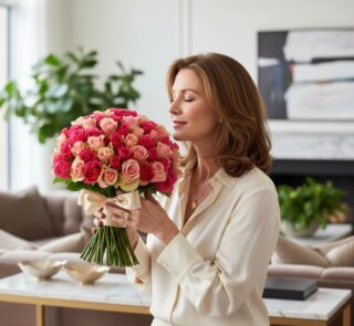 Mujer elegante admirando y oliendo un espectacular ramo de 60 rosas fucsia y rosadas en un lujoso hogar.