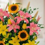 Primer plano extremo de un arreglo floral tropical con lirios rosas, girasoles vibrantes y lirios amarillos, destacando textu