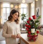 Mujer elegante admira el Arreglo Floral Verita con rosas rojas y vino, un regalo apasionado en un hogar de lujo.