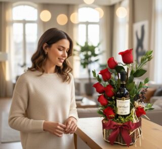 Mujer elegante admira el Arreglo Floral Verita con rosas rojas y vino, un regalo apasionado en un hogar de lujo.