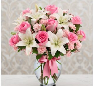 Arreglo floral vibrante con rosas rosadas, lirios blancos y claveles rosados en un jarrón de cristal con lazo rosa, ideal par