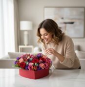 Mujer sonriente admirando el Arreglo Floral ZITA en caja corazón con rosas rojas, moradas y flores mixtas sobre una mesa de m