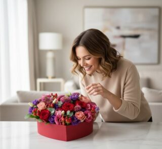 Mujer sonriente admirando el Arreglo Floral ZITA en caja corazón con rosas rojas, moradas y flores mixtas sobre una mesa de m
