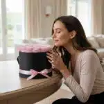 Mujer joven admirando y oliendo con deleite un Arreglo Floral Francesca de 21 rosas rosadas en una caja cilíndrica negra con