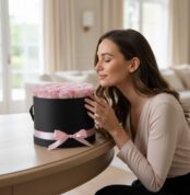 Mujer joven admirando y oliendo con deleite un Arreglo Floral Francesca de 21 rosas rosadas en una caja cilíndrica negra con