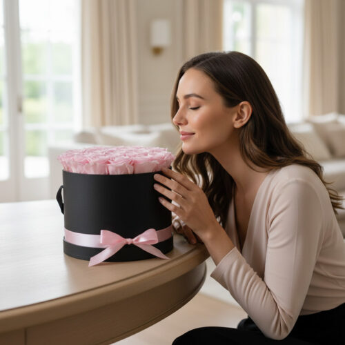 Mujer joven admirando y oliendo con deleite un Arreglo Floral Francesca de 21 rosas rosadas en una caja cilíndrica negra con