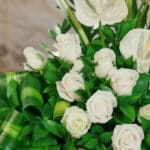 Primer plano extremo de rosas blancas y anturios en un arreglo fúnebre, con gotas de rocío y hojas verdes vibrantes, textura