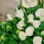 Primer plano extremo de rosas blancas y anturios en un arreglo fúnebre, con gotas de rocío y hojas verdes vibrantes, textura