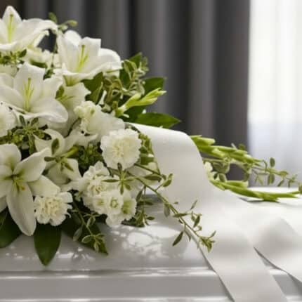 Primer plano de un arreglo fúnebre cubre caja Asunción con lirios blancos, claveles y follaje verde, con rocío sutil y cinta