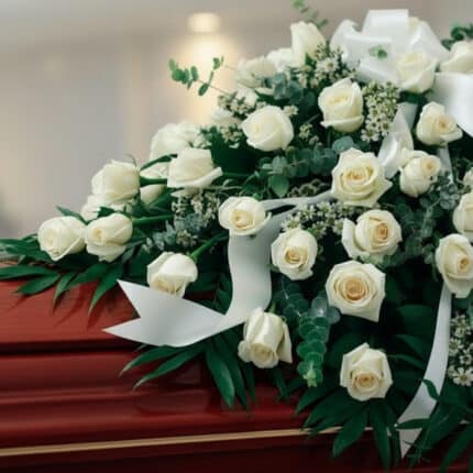 Fotografía macro premium del Arreglo Fúnebre Cubre Caja Misericordia, con rosas blancas, follaje verde y rocío sutil, sobre u