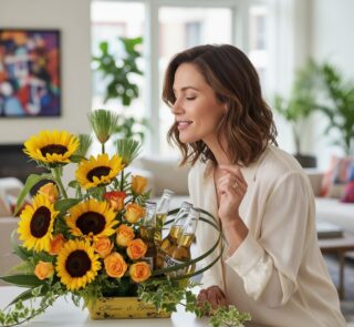 Mujer elegante admirando un arreglo floral con girasoles, rosas naranjas y cervezas Corona en un hogar de lujo. Ideal para re