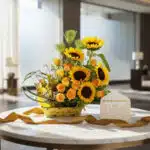 Arreglo floral con girasoles vibrantes, rosas amarillas y cervezas Corona en una base amarilla, acompañado de una tarjeta de