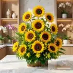 Arreglo floral exótico y grande con girasoles abiertos, vibrantes y hojas verdes, sobre una superficie de mármol en un entorn